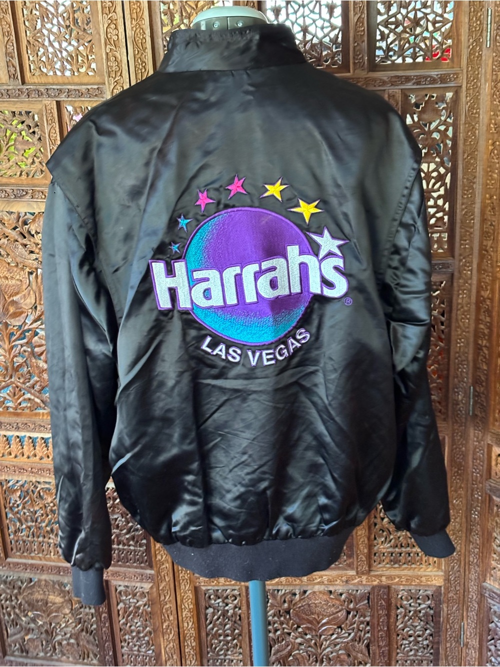 Rare Vintage USA made Las Vegas Harrah’s Black Satin Embroidered Bomber Jacket